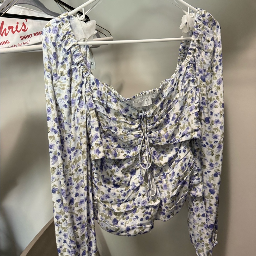 Astr Floral Ruched Blouse - White and Purple